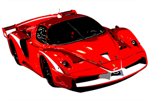 Red Ferrari FXX sports car front three quarter view